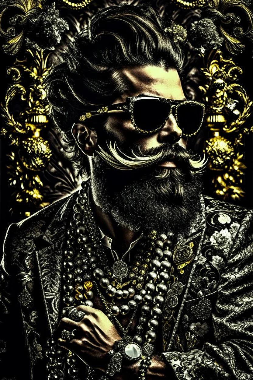 Artistic photo in the audacius style of Jill Greenberg, of man with a luxurious and striking style, abundance of jewelry, oversized sunglasses, neat black beard, feminine manirism, prints, desafiant, extravagant, barroque escene , impasto style with thick texture