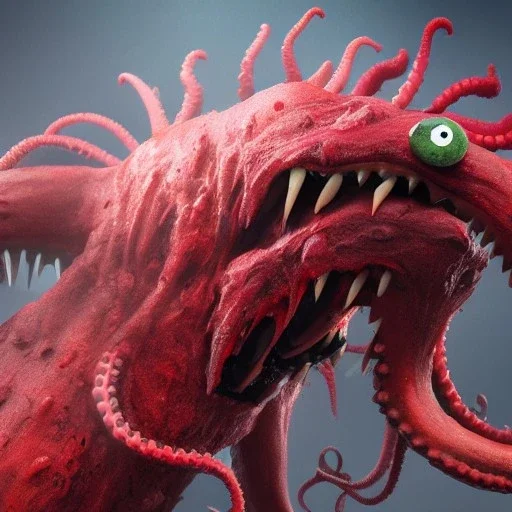 red, tentacles, a lot of eyes, teeth, monster, horror, blood, huge, scary, hyperrealism, gore, masterpiece, expert, volumetric lighting, deformed, sharp focus, 8K