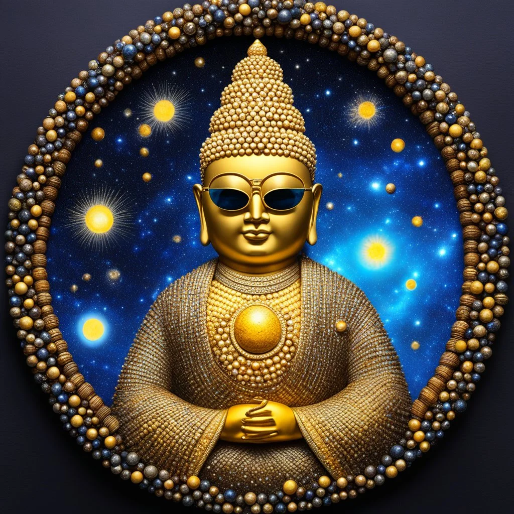 A scaly Buddha with sun glasses and a large collar in collared wooden pearls, lying on his side, his bald head in his hand. His yellow skin has blue snaky scales. What a sight to behold! The scaly Buddha's sun glasses gleam in the cosmic light, reflecting the stars and galaxies that swirl around him. His large collar of wooden pearls adds a touch of elegance to his otherworldly appearance, hinting at a deep connection to nature and the universe itself.