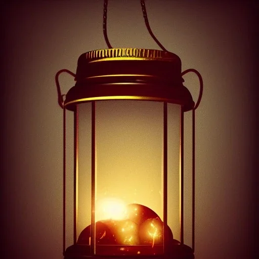 fireflies in a lantern, many ghostly lights inside a belljar, fairy lights, polaroid, symmetry, luminescent glow, moody, tender, photorealistic, octane render, golden hour