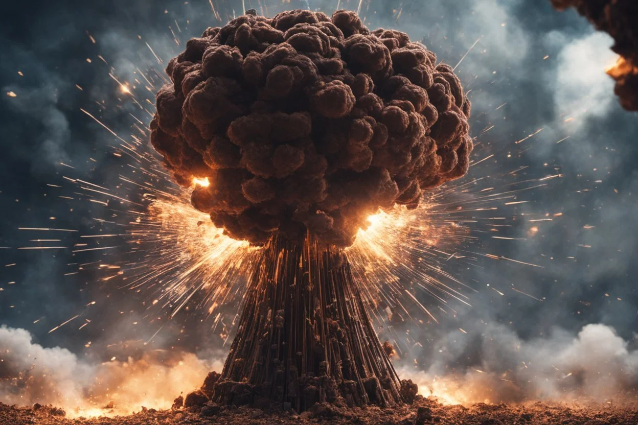 Atomic explosion, made of chocolate, ULTRA REALISTIC, details, intricate detail, professional lighting, film lighting, 35mm, anamorphic, lightroom, cinematography, bokeh, lens flare, film grain, hdr10, 8k, Roger Deakins, incredibly detailed, reflect, sharpen