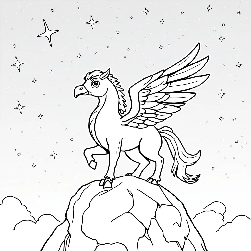 Make black and white cute drawing of a hippogriff with black bold lines. Only outline, no grayscale. A noble hippogriff with a horse’s body and eagle wings, perched on a rock with a proud pose. Make the feathers shimmer with magical patterns, and set it against a sky filled with shooting stars.