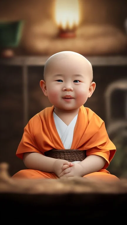 A 3-year-old monk boy with round cheeks, sitting, looking at the camera, light gray monk costume with white neckline, cute and cute, masterpiece, high quality, highly detailed.