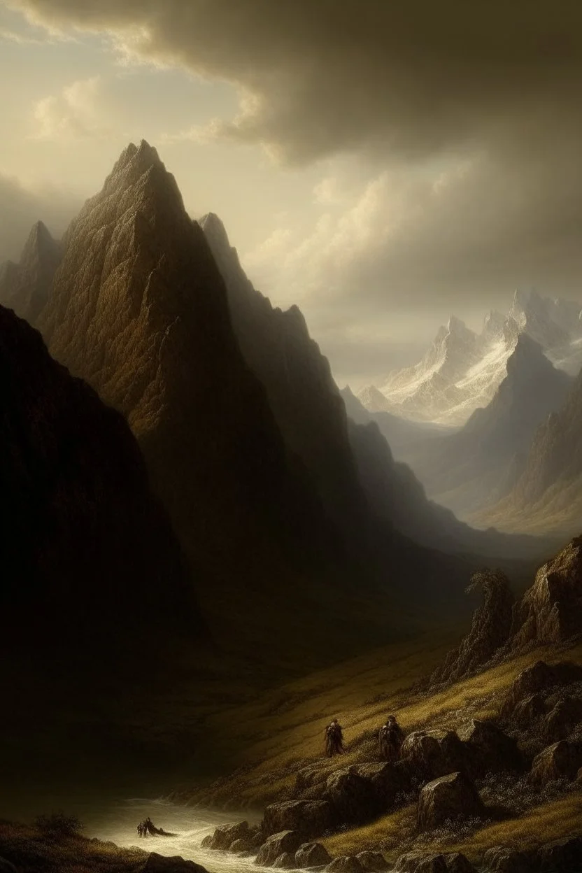 A dark brown giant mountain near a canyon painted by Francis Danby