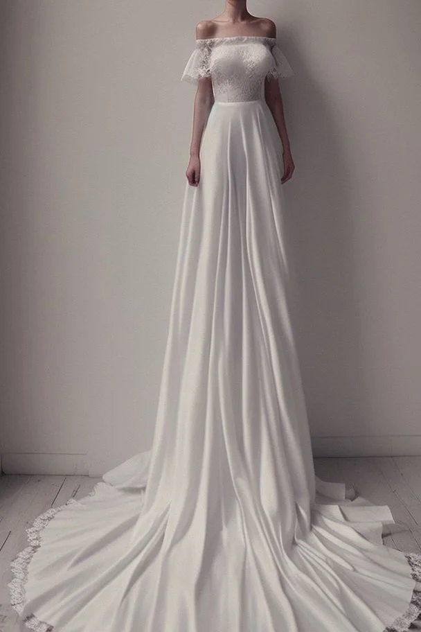 Lace and silk off-the-shoulder wedding dress is very long for sea lovers Photorealistic