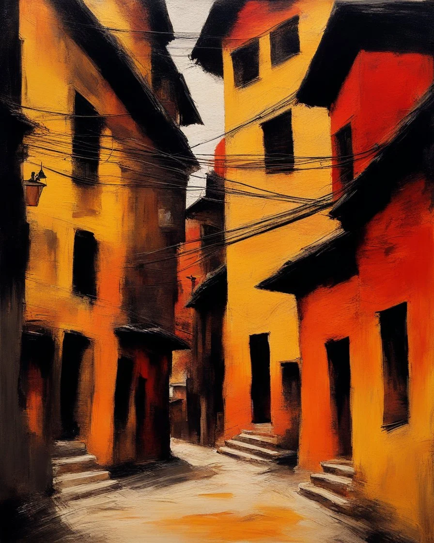 bustling medieval Kathmandu street, thick impasto painting, centered, minimalist, thick sparse brushstrokes, bold colors of orange, beige, yellow, red and black, sporadic tint ink leaks, perfect verticals, amazing parallel