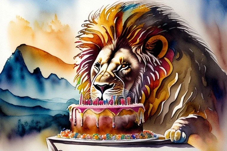 Lion is having a birthday cake. Highly detailed, smooth colours, realistic landscape. Aquarell