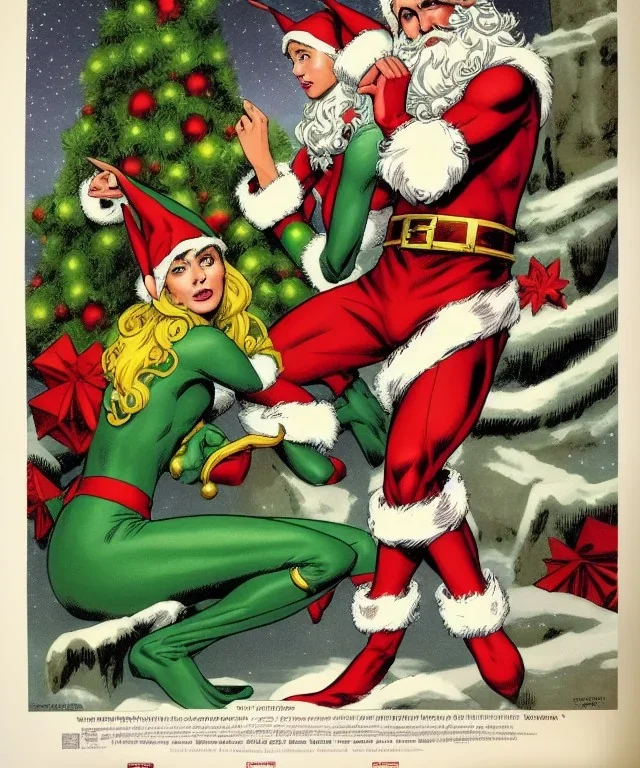 two elves. woman and man. Christmas scene. poster. marvel comic. low-key