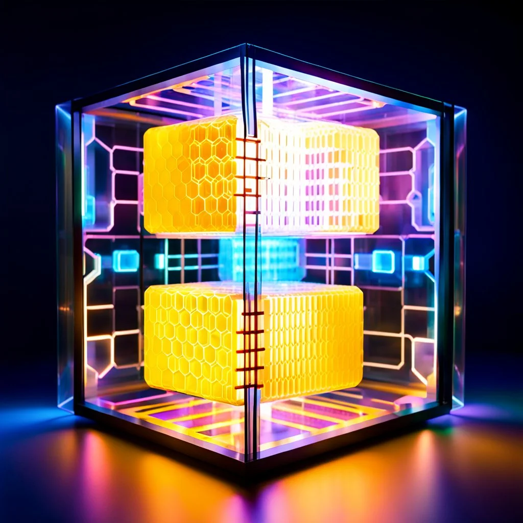 futuristic translucent neurocube, inside the cube there are perpendicular partitions of honeycomb plates, ambient lighting