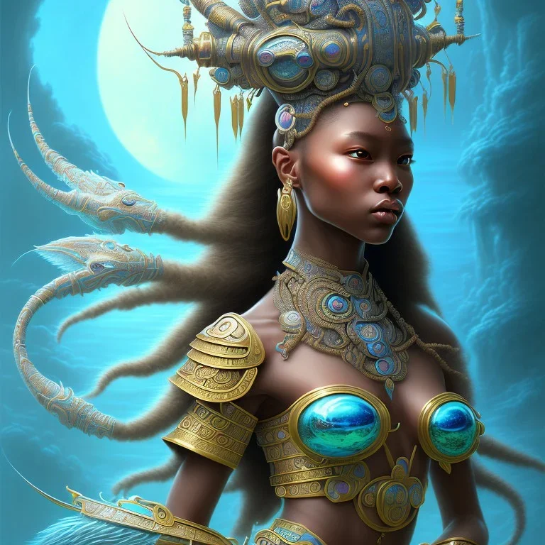 Sango fantasy, fantasy magic, intricate, sharp focus, illustration, highly detailed, digital painting, concept art, matte, art germ and Paul Lewin and Kehinde Wiley, masterpiece Aztec princess dancer head bronze feather's' Asian African girl nice breast Thai hair turquoise silver blue under water