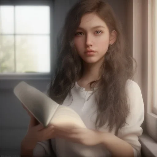 Study girl, curl hair read a book in by the window, ultra detail, real photo realistic, unreal engine, cinematic lighting --ar 1:1 creative