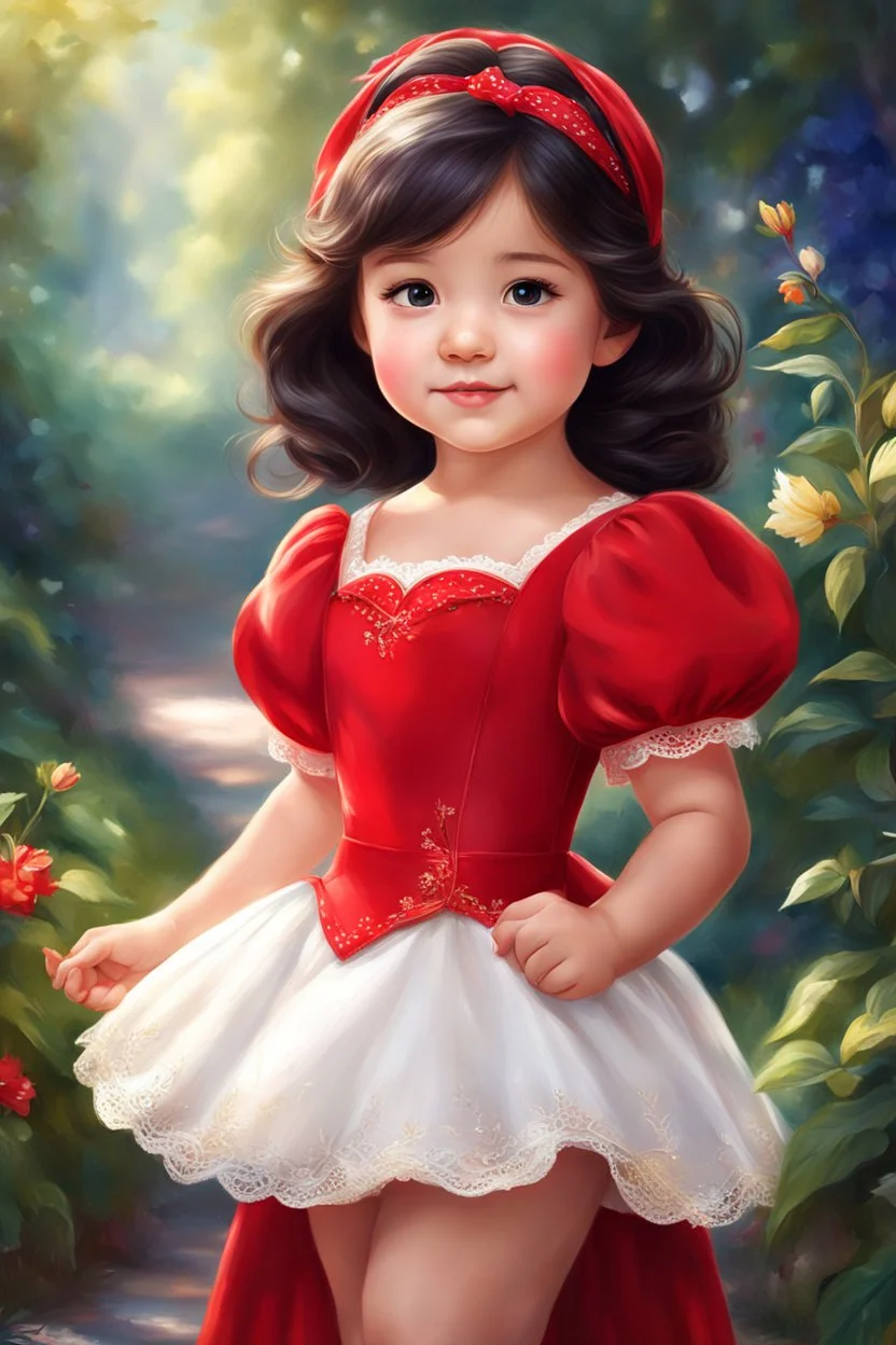 a painting of a little girl in a red dress, realistic cute girl painting, photorealistic disney, disney artist, adorable digital painting, beautiful character painting, portrait of snow white, disney art, disney character, disney render, cute cartoon character, portrait anime girl, young girl, cute young girl, disney art style, photorealistic anime girl render, cgsociety 9