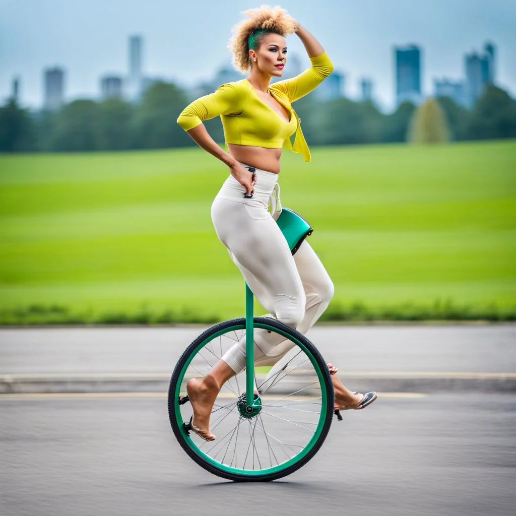 a very beautiful lady with makeup and bub hair, wearing a pretty blue-green sports pants an top, shows her performance driving a Unicycle Wheel Bike
