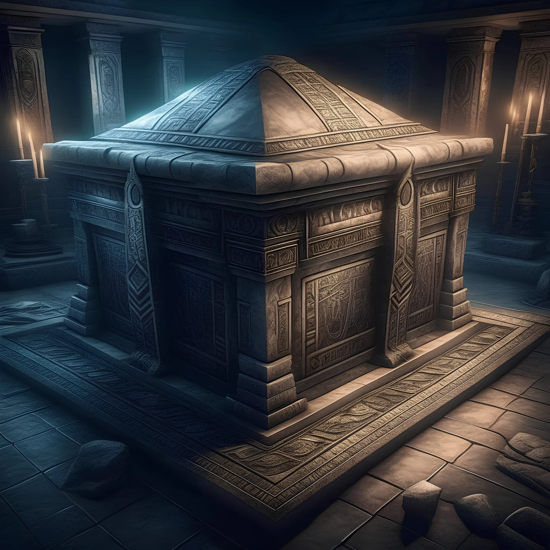 Fantasy style a large tomb with a sarcophagus with runes and symbols on it