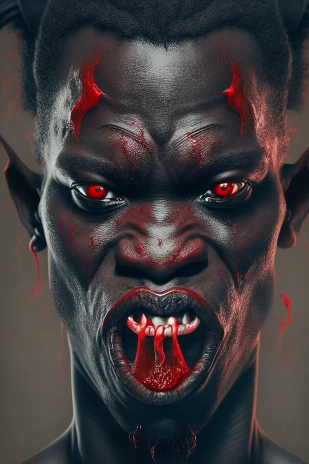 Portrait of a demon with black skin, with no eyes, a long red tongue