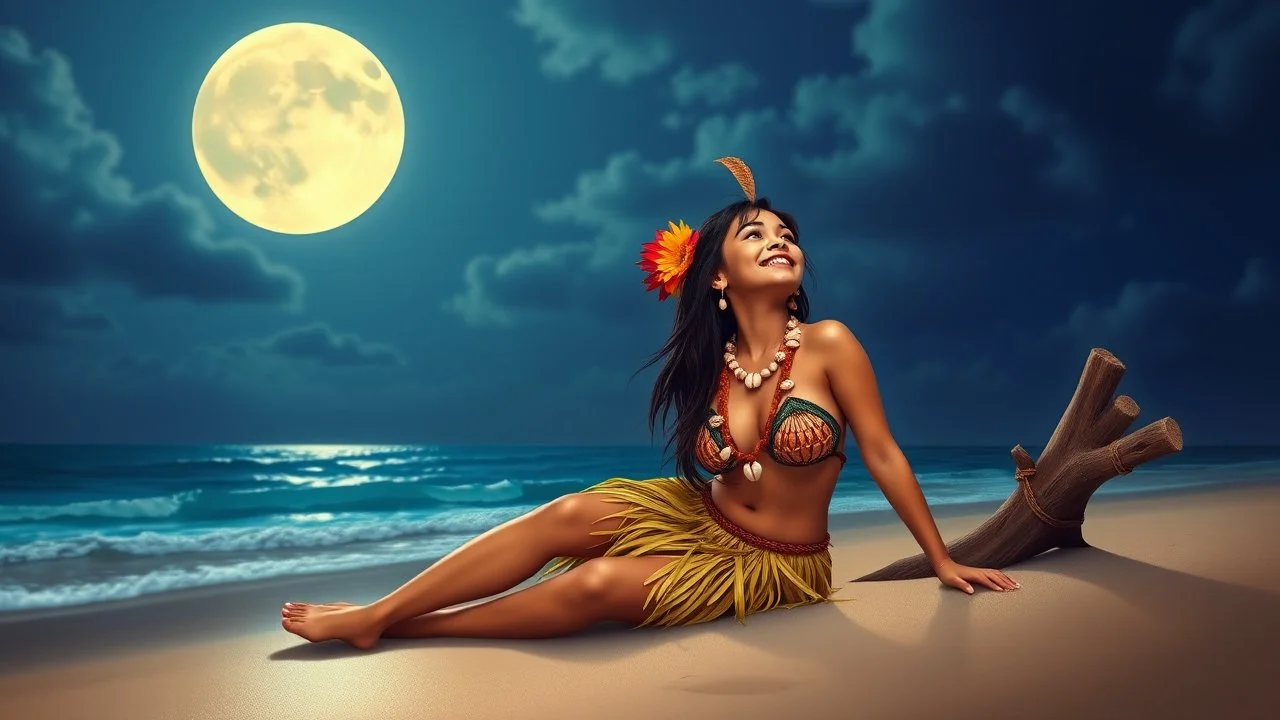 Fun, whimsical elements with bright colors and a sense of joy and creativity, A female huntress of Pacific Islander descent, resting on a beach at night under the full moon, wearing a grass skirt and a shell necklace, looking up at the sky, with calm waves lapping at the shore.