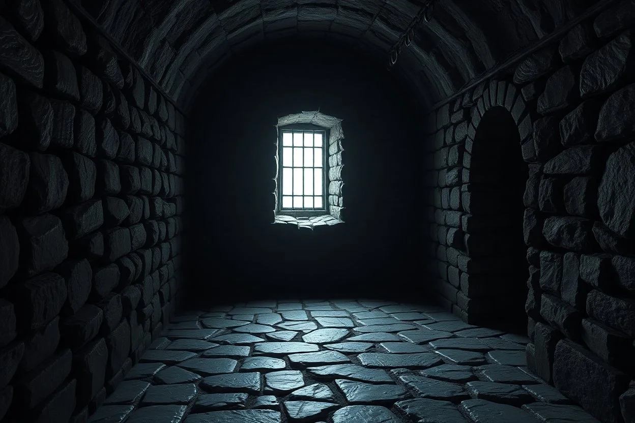 Inside of a dungeon with stone floor the only light comes from a small barred window high on the wall. chains hang from the wall Dark gothic fantasy. photorealistic. 4k