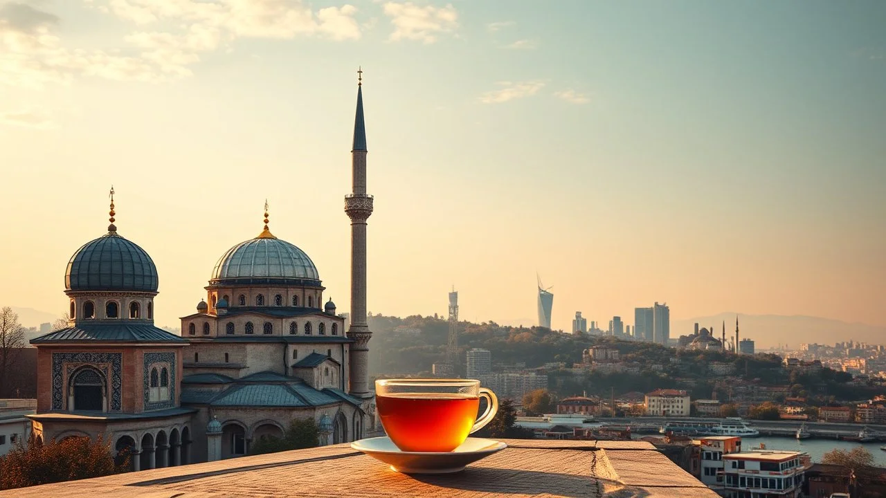 A symbolic image showing Turkey's culture as a bridge between Europe, Asia, and the Orient. Combine old and new: traditional domes, oriental ornaments, and tea with modern skylines and distant landscapes. Warm light, rich colors, harmony between tradition and modernity, no people, no text.