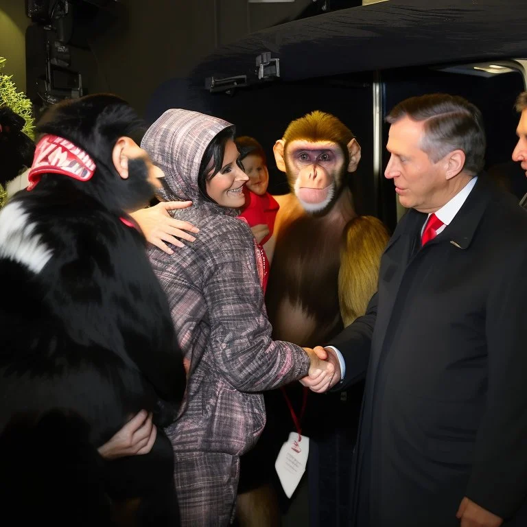 DARK HAIR PRESIDENT TRUMP SHAKING HAND WITH MONKEY