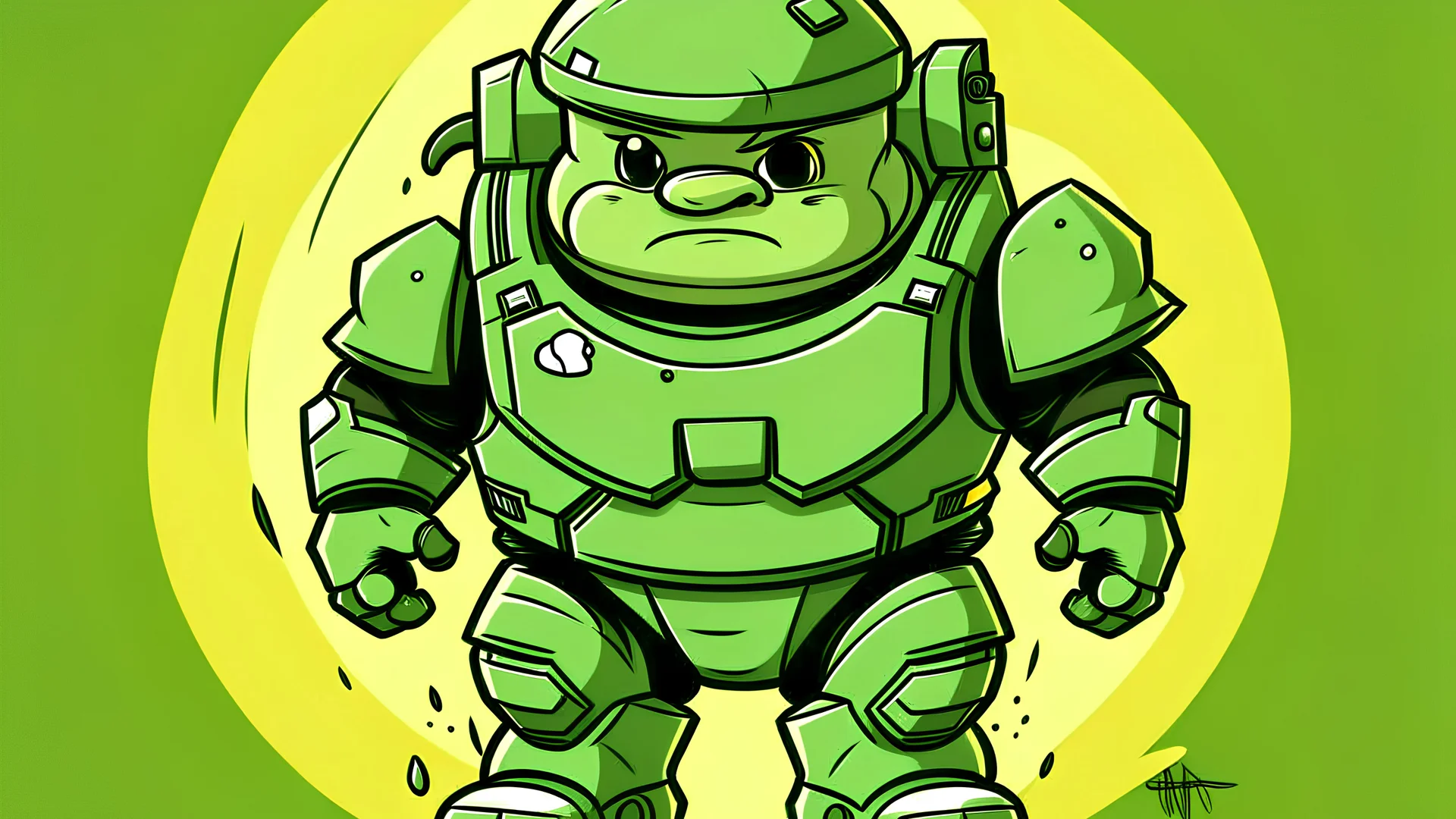 Un pequeño adorable y gordito espartan con cuerpo de g del universo de halo con estilo de caricatura