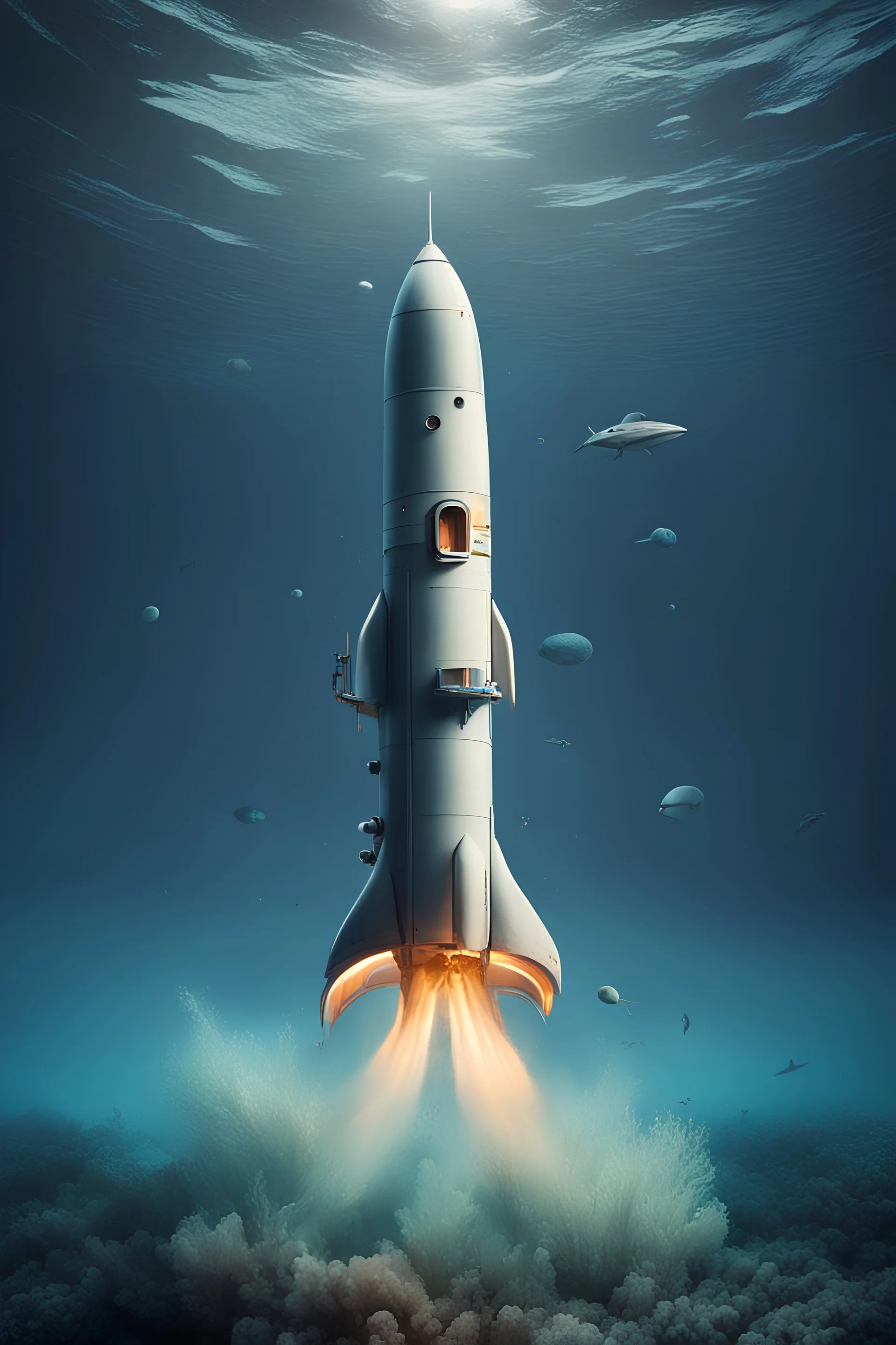 A rocket ship on the bottom of the ocean