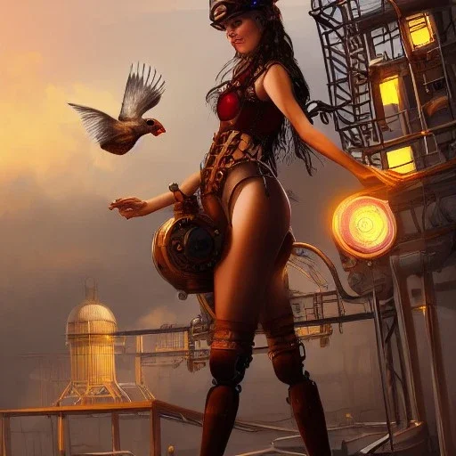 great illustrator, spanish, realistic rendering of a spanish cute girl, beautiful, steampunk style. Helmet with tubes. Machinery in the background. robotic bird flying. High details. 4k. unreal engine