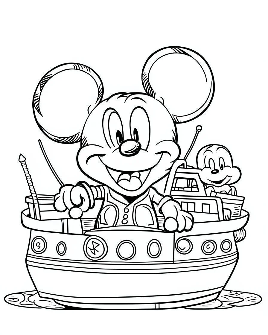 outline art for Mickey Mouse Steam Boat coloring page, Japanese manga style, cartoon style, cute face, white background sketch style, full body is a must, only use outline, clean line art, no shadow, bold outline