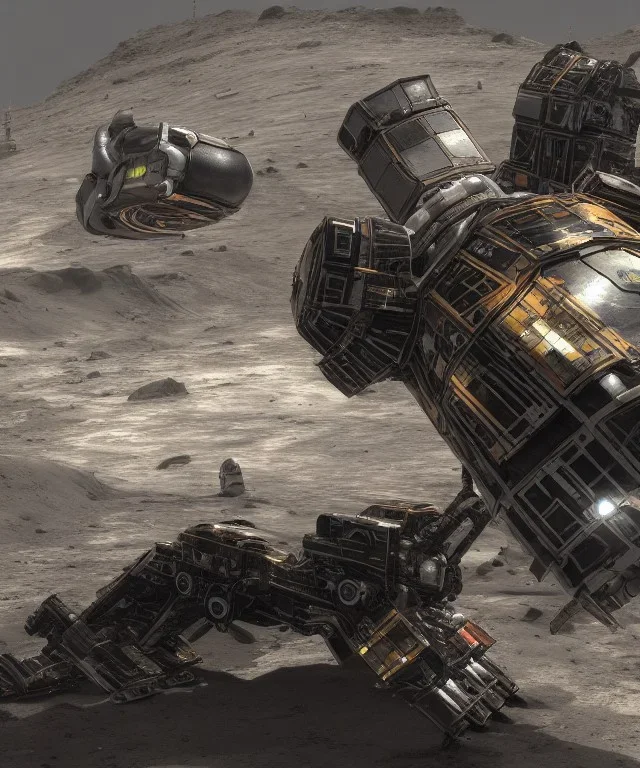 Crashed photorealistic futuristic industrial mechanical mechwarrior space ship on the lunar surface