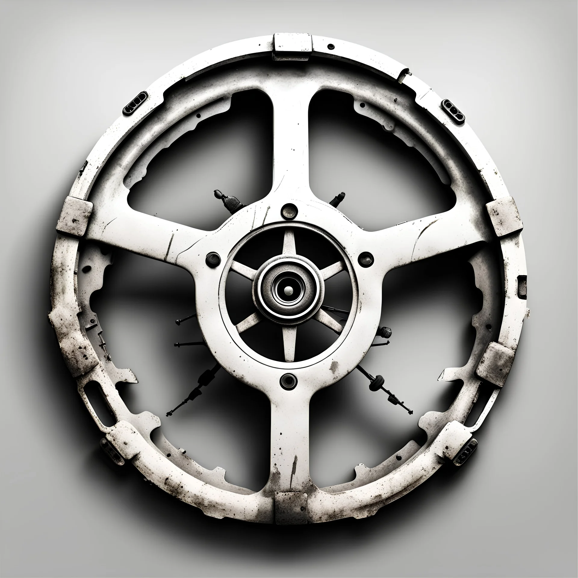 post-apocalyptic steering wheel icon in white color over the back background, stylized
