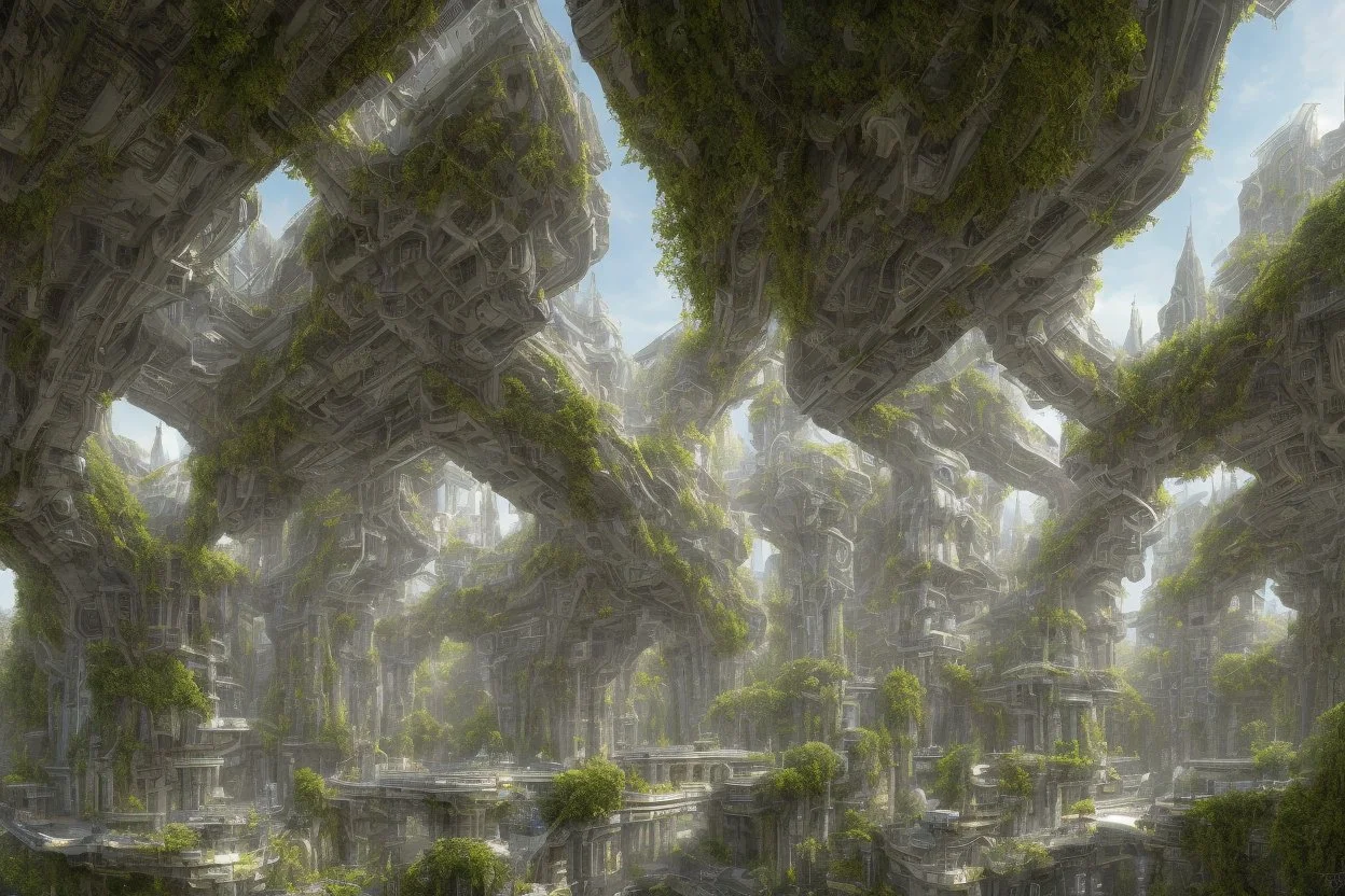 A futuristic alien city, with balconies, verandas, many arches, bridges, spires, paths, trees, dense foliage, spanish moss, ivy, river, blue sky, white clouds