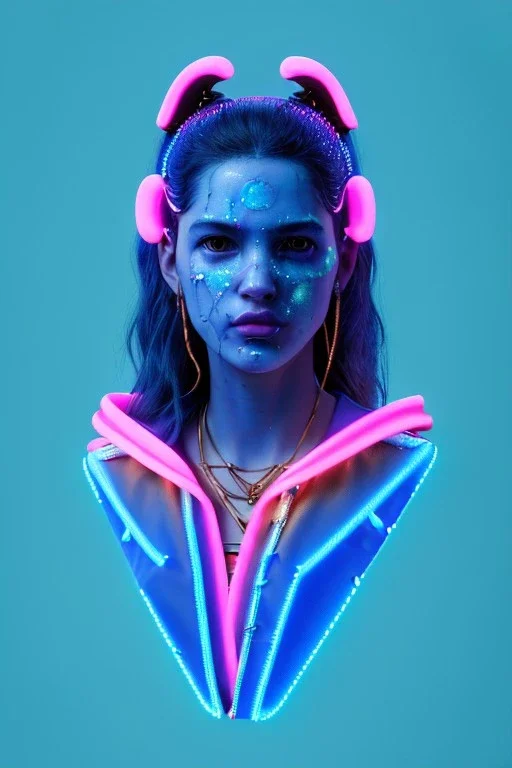 Ultra Realistic image, Rosalía artist, waist up portrait, black eye line, angry face , gold pink and blue geisha style, spray line make up, geometric, led lights, neon, rings piercing, led ornament, fog, bubble latex coat, vibrant color, highly detailed, art stations, concept art, smooth, unreal engine 5, god rays, ray tracing, RTX, lumen lighting, ultra detail, volumetric lighting, 3d, finely drawn, high definition, high resolution.