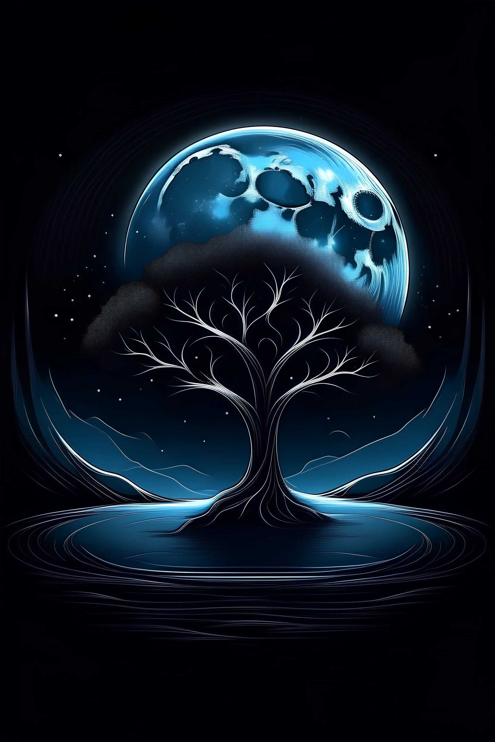 "Create an AI logo design for a T-shirt featuring the allure of moonlight in a dark night. Craft an image where the moonlight pierces the darkness, revealing a silhouette of a tree against a starry sky. The contrast should convey a sense of mystery and tranquility."