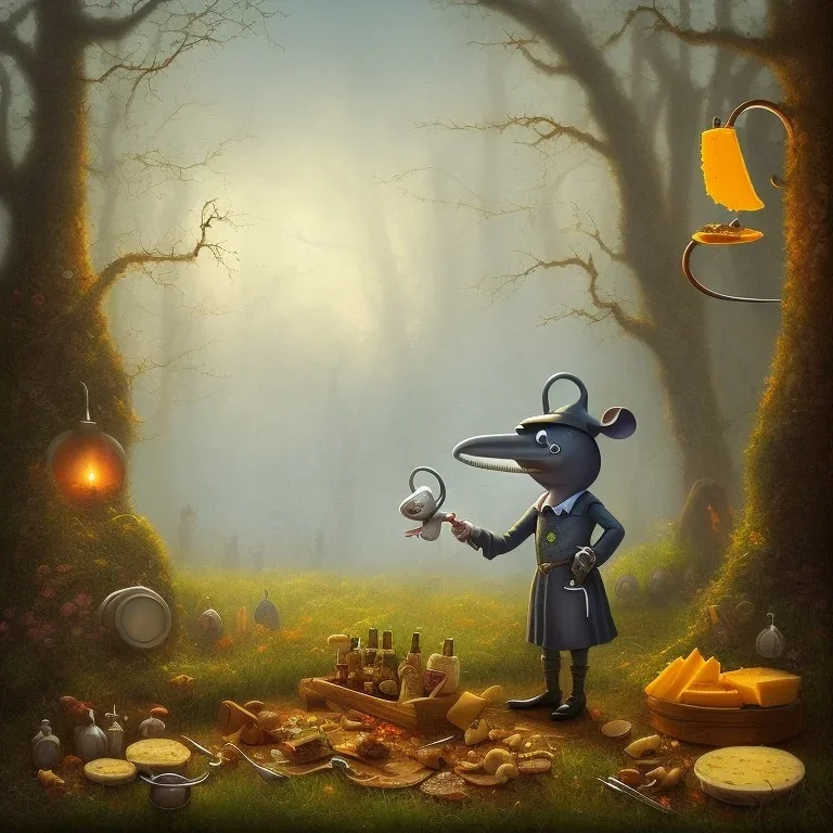 A Plague Doctor (AND) a Mouse having a port & cheese party in a forest of mushrooms by a river, art by Pixar and Disney