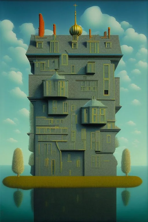 A surreal landscape with odd houses in René Magritte style