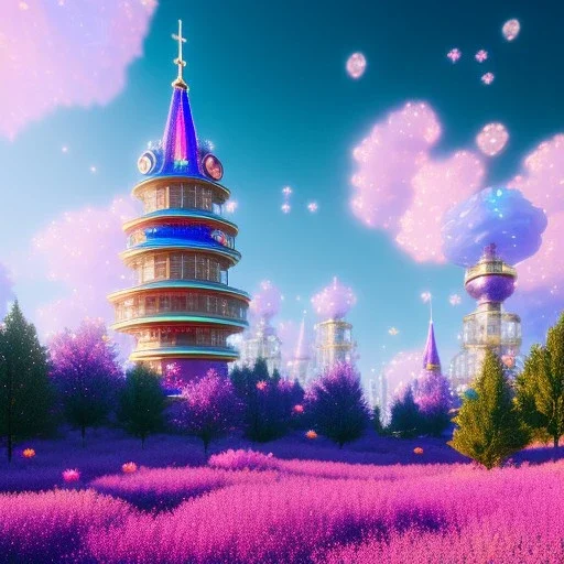 Blue cristal tower in a flowery countryside, glitter pink in a galactic ambiance, delicate colors in the foreground, full of details, smooth, light effect，vaporwave colorful, smooth, extremely sharp detail, finely tuned detail, ultra high definition, 8 k, unreal engine 5, ultra sharp focus