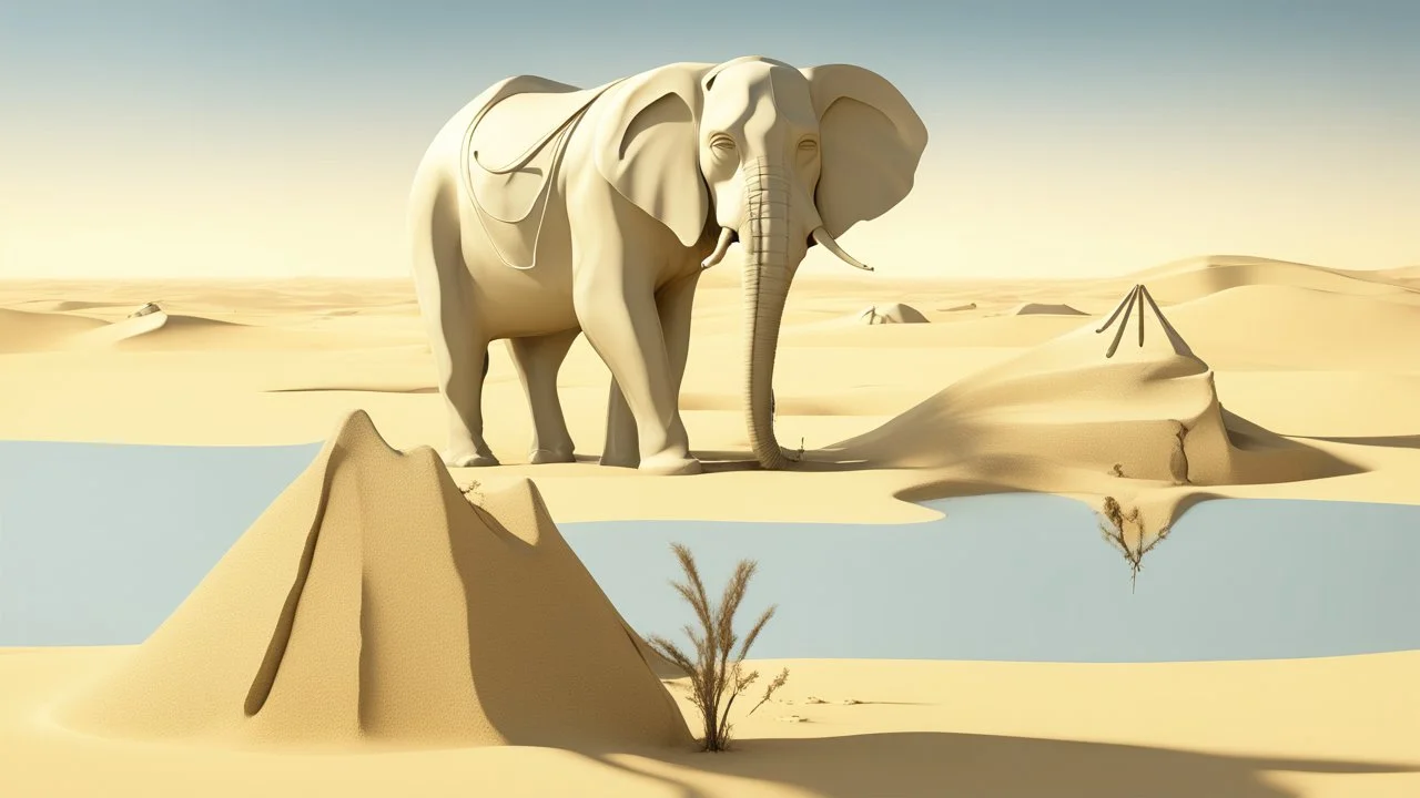 an elephant sculpture in the middle of a desert, a surrealist sculpture by Salvador Dalí, cgsociety, precisionism, biomorphic, 3d, vray