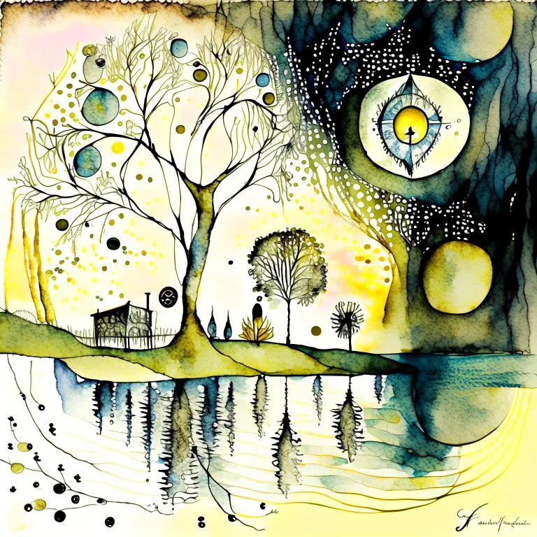 by the lake. Optical illusion, zentangle, surreal. highly detailed elegant fantasy illustration intricate intricate details masterpiece very attractive beautiful award winning crisp quality Paul Klee golden hour Tim Burton Watercolor painting JMW Turner aquarelle Dee Nickerson watercolor and ink wet on wet pen and ink style Xuan Loc Xuan