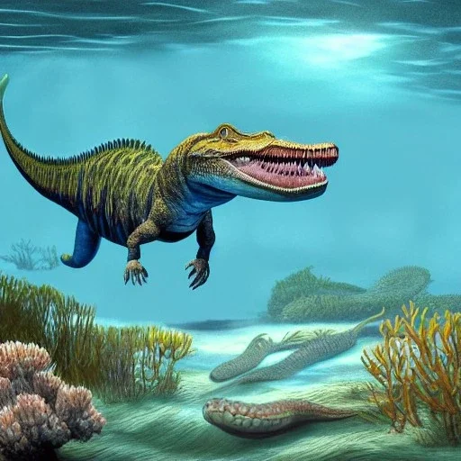 beautiful, stunning paleoart of masosaurus with alligator head and eel body swimming underwater, coral reefs, plants, in the style of eleanor kish, davide bonadonna, julius csotony, fabio pastor, wide field of view, Masosaurus, photorealistic, illustrative, digital art, 8k resolution, detailed matte, painting, artwork, deviantart