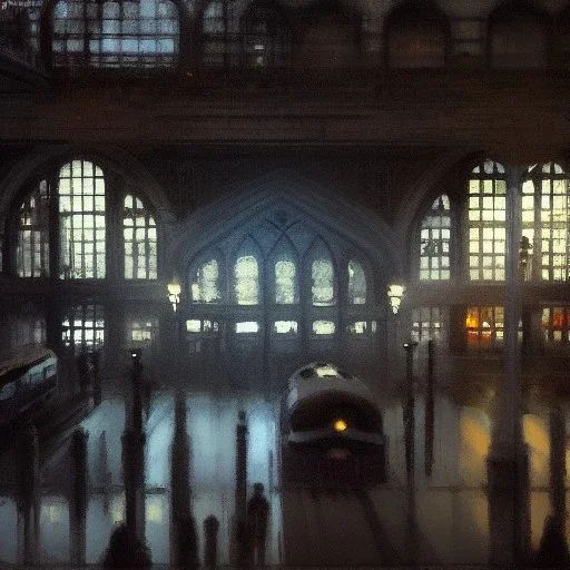 Train station, Gotham city, Neogothic architecture, by Jeremy mann, point perspective,