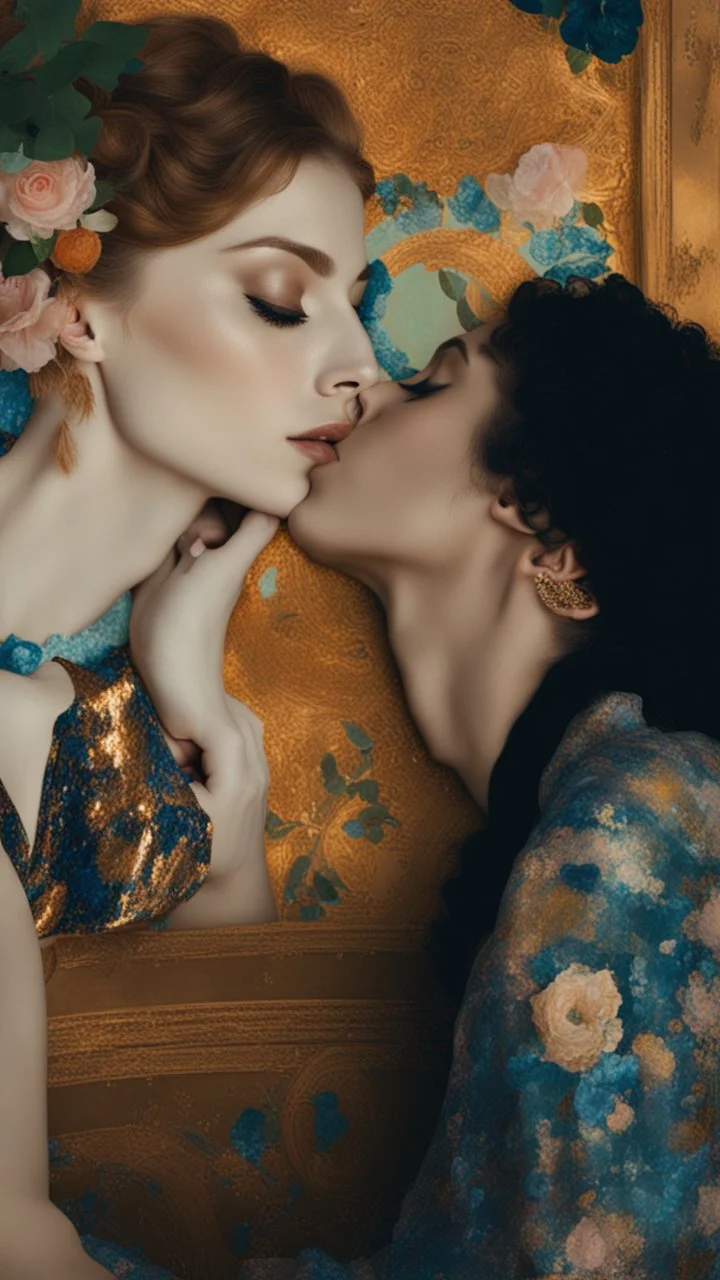 Masterpiece, fine art, award winning, "like Gustav Klimt : the Kiss in a chair" 2 w, RAW photo, eye candy in the style of (petra collins::Robin Eley:1.5), (Suhaila Ben Lachhab::Heidi Moussa:1.5) in breathtaking cinematic shot (full body shot, from below angle) that emphasizes the stunning cheek bones, texturized black hair,(big detailed eyes:1.5) (cottagecore aesthetic:5) with extreme sensuality, Irresistible with (porcelain skin:4.8), sitting on an old chair, retro vintage style