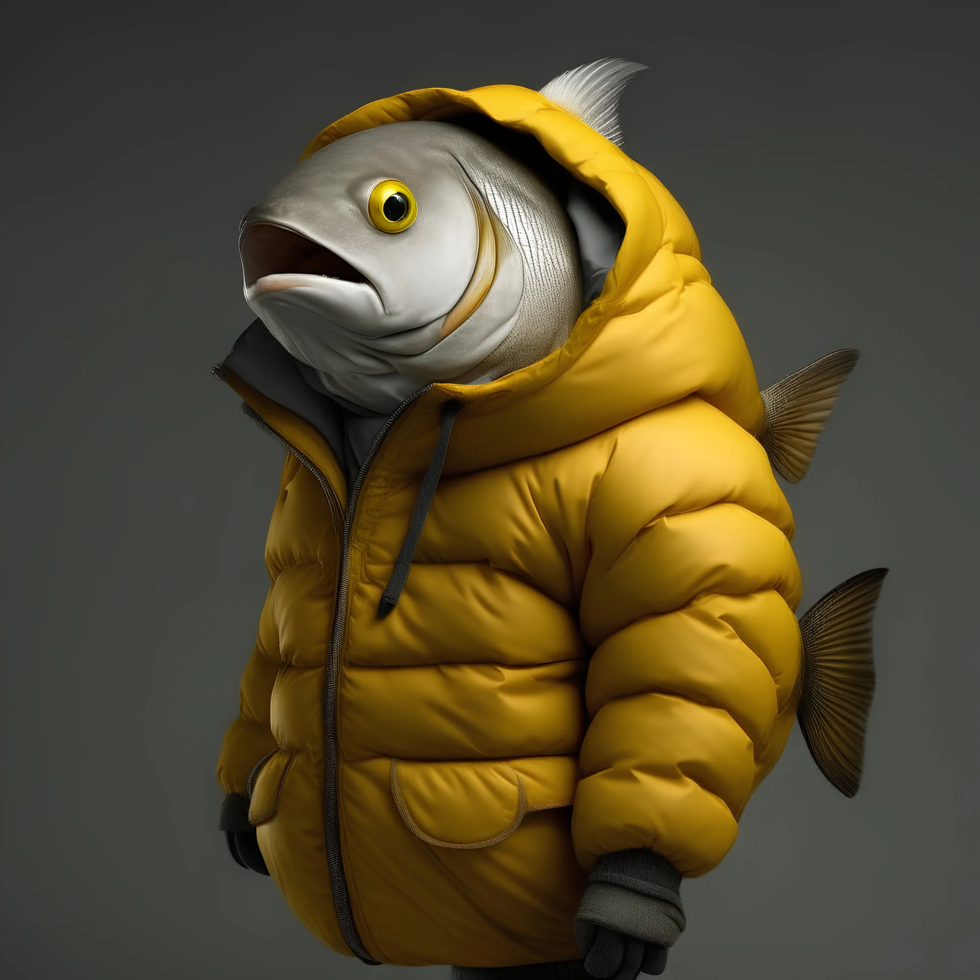 A fish wearing a fpuffy jacket