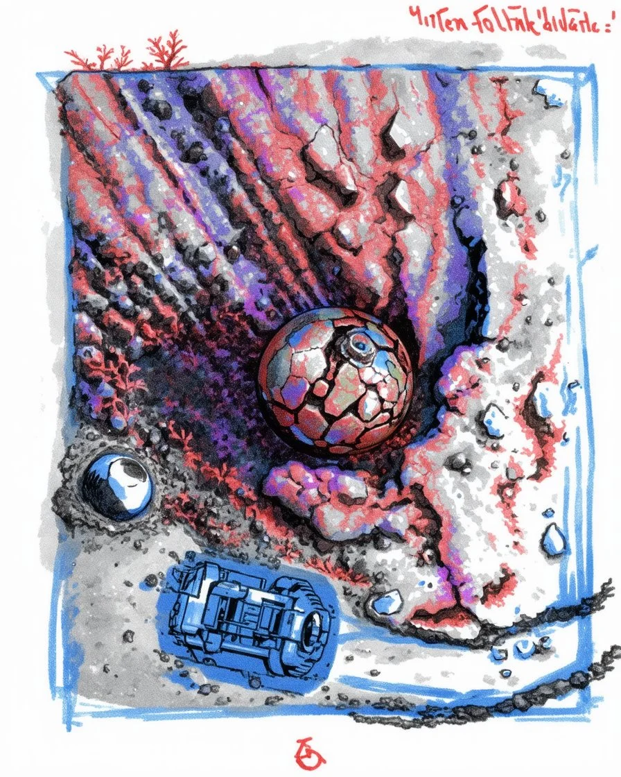 High-altitude lunar reconnaissance satellite image of a young impact crater with larger regolith along right ride. A damaged metallic alien sphere with fracture lines like an egg. organic growth across regolith and up crater walls. Along the lower frame edge a small modern bare-bones lunar-vehicle sits near the rim with visible wheel tracks. comic pencils