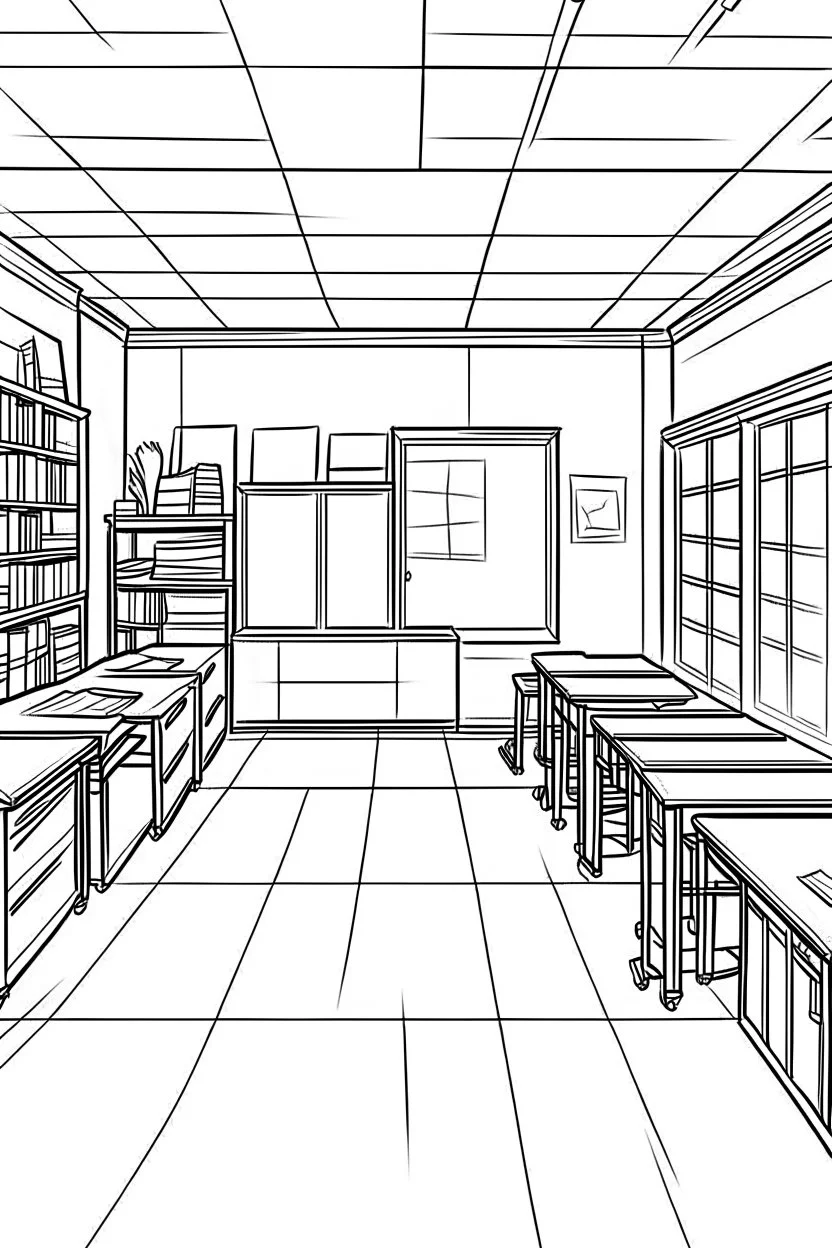 Outline art, class room interior design, no shading, no lines, cartoon style, --ar 9:11