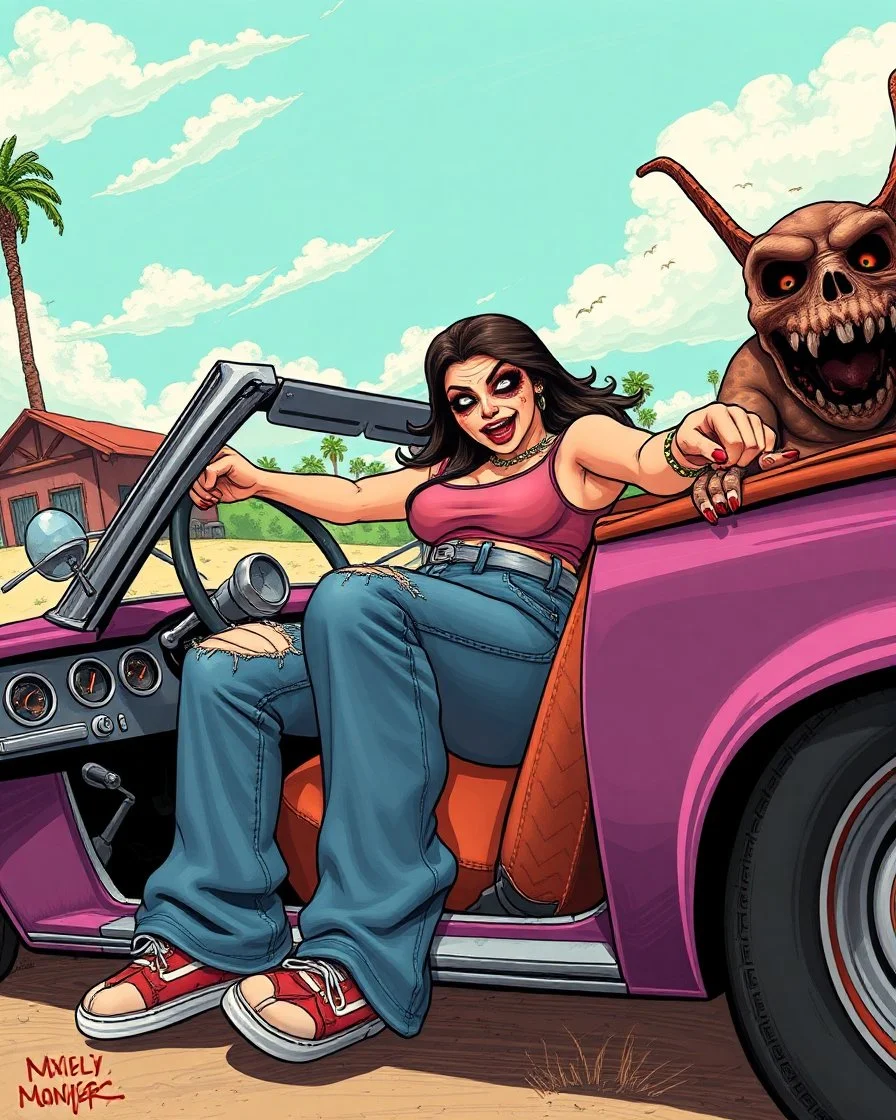 Consuela fat disgusting mexican woman in a tanktop and jeans, illustrated in a RAT Fink ed roth's monsters Style driving a convertable car