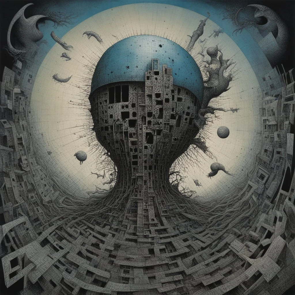 The Unknown Knows, abstract art, by Phlegm and Dave McKean, silkscreened mind-bending album art, "VOIVOD" album cover; cool colors, off-centered fragmented composition, dark shines war,