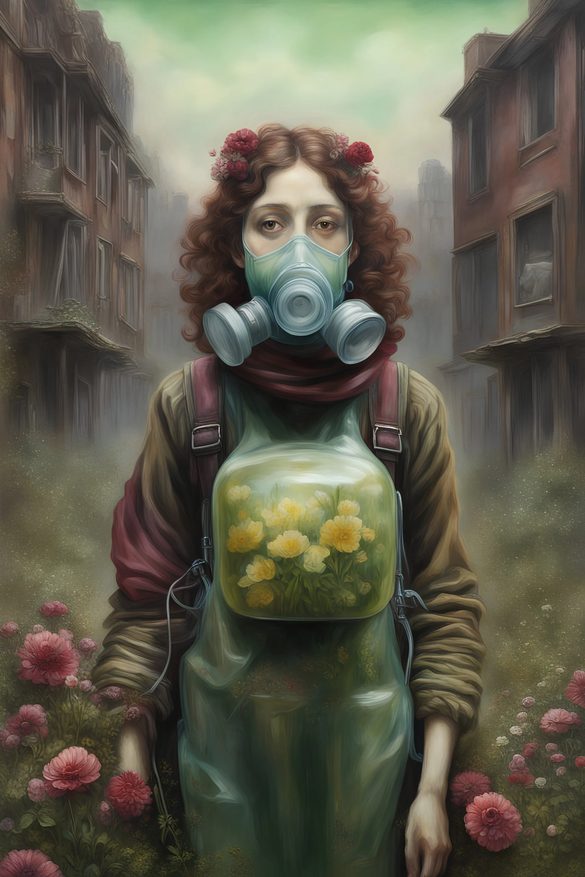 Trompe l’oeil Pre-Raphaelite painting of The toxic woman wearing a oxygen face mask, a transparent oxygen tank backpack filled with flowers clearly seen inside the tank, post-apocalyptic deserted cityscape, wearing oxygen mask, glowing toxic waste sfumato, in the style of John Everett Millais, Sana Takeda, green and burgundy Duochrome film, full body