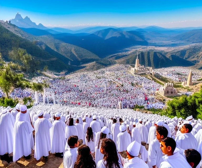 100,000 christian people and children dressed in white,God in jewish Temple in new Jerusalem, hills and valley in background