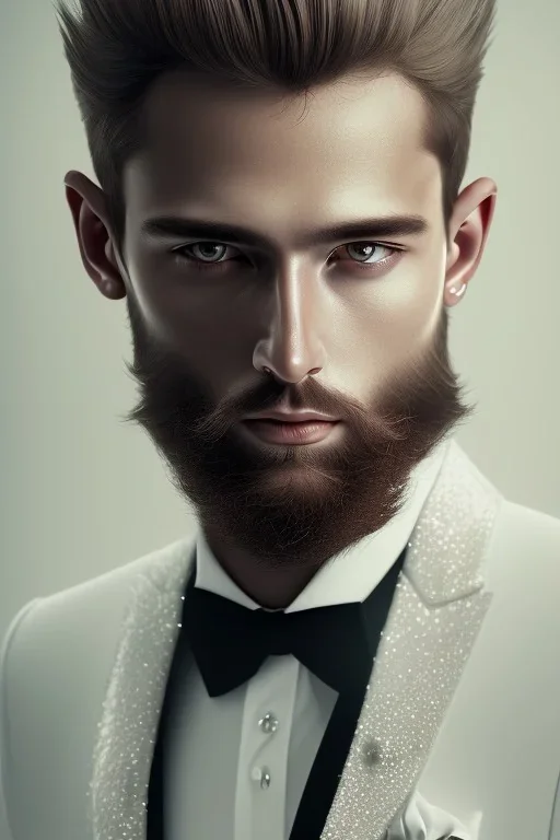 8K, a Highly detailed stunning portrait of Dom man with a a sexy lover, white suit, beard, and short hair, bad boy