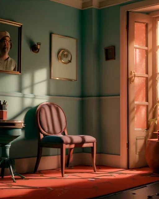 Room scene with sit woman, Wes Anderson style, realistic photo, concept art, smooth, unreal engine 5, god lights, ray tracing, RTX, lumen lighting, ultra detail, volumetric lighting, 3d.