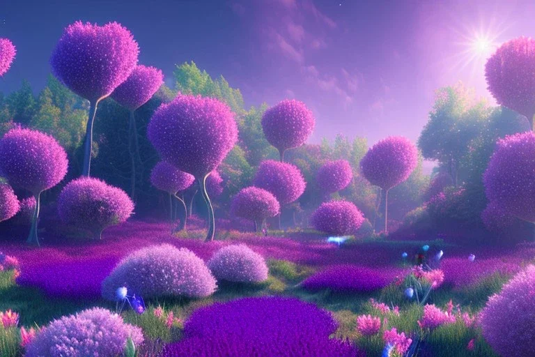 monde en fleurs bleu pink,blue lake, concept art, crépuscule , trees bleu pink violet oranger, vibrant Color, réaliste, crocus